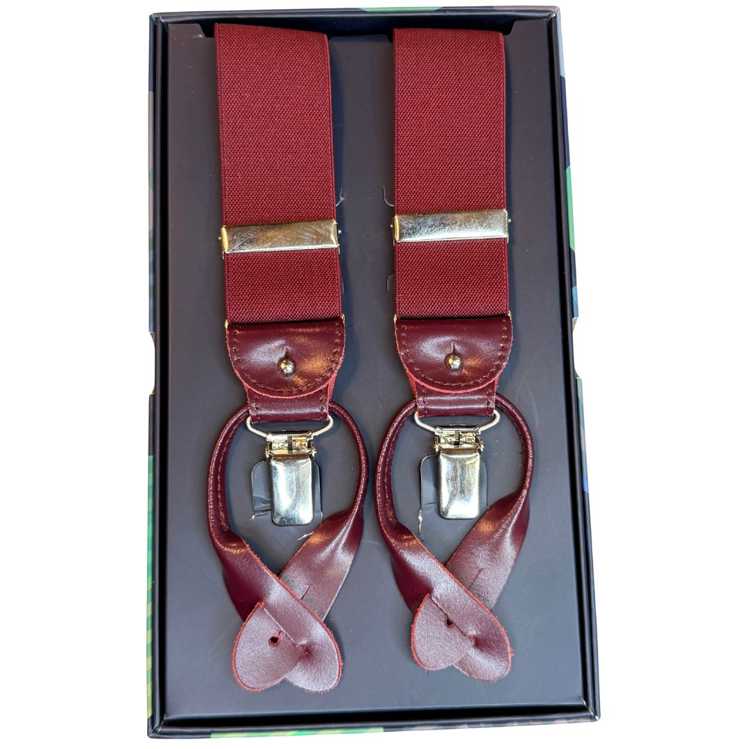 Bretelle da uomo monocolore con clips e bottoni con inserti in pelle liscia