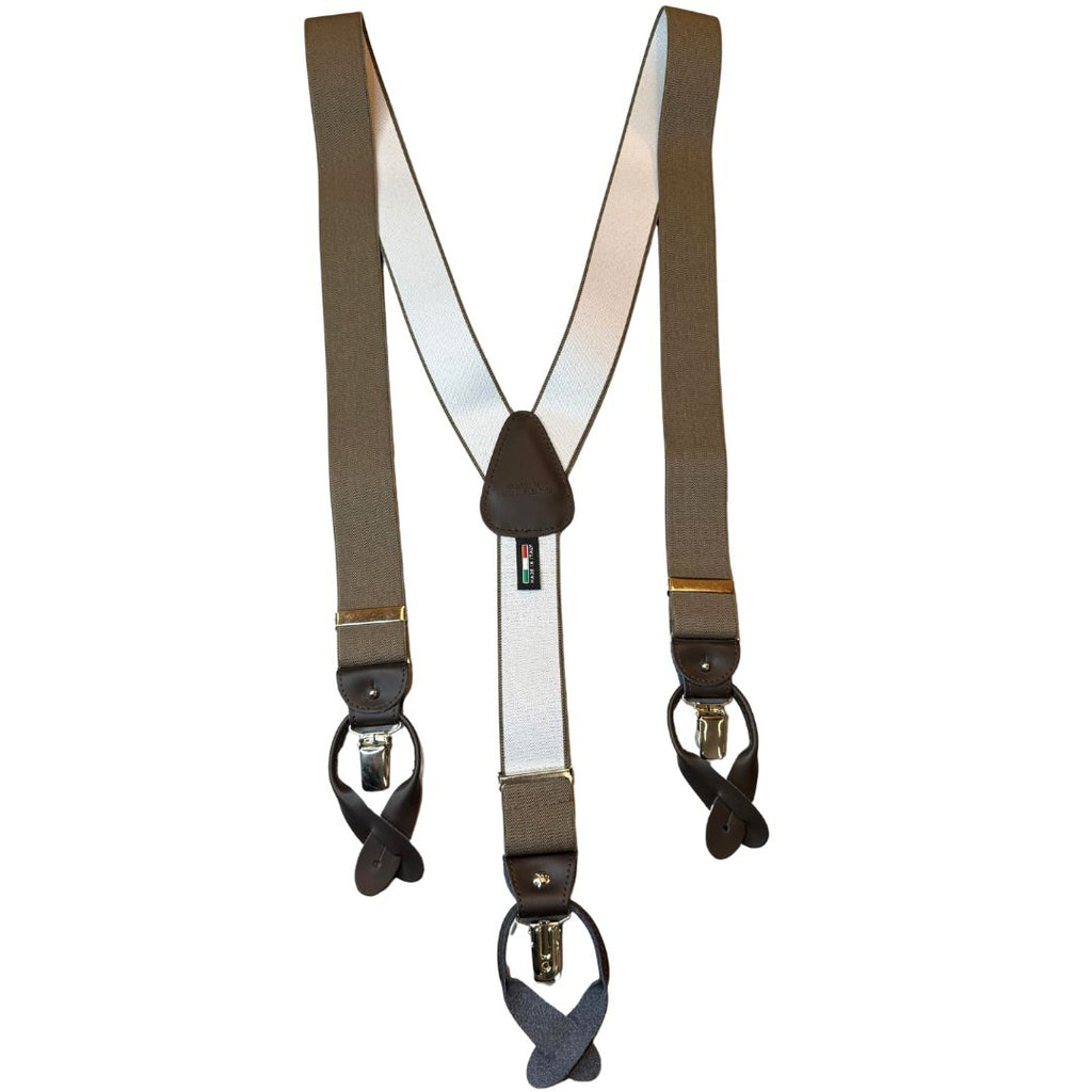 Bretelle da uomo monocolore con clips e bottoni con inserti in pelle liscia
