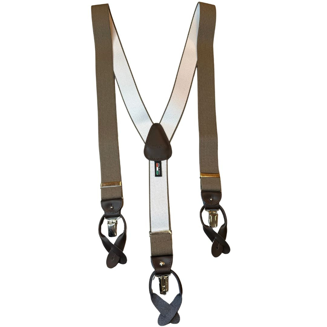 Bretelle da uomo monocolore con clips e bottoni con inserti in pelle liscia