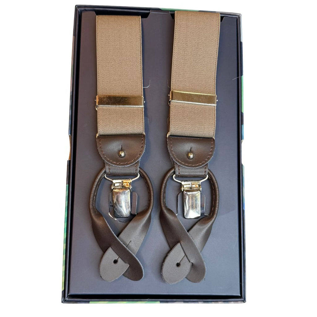 Bretelle da uomo monocolore con clips e bottoni con inserti in pelle liscia