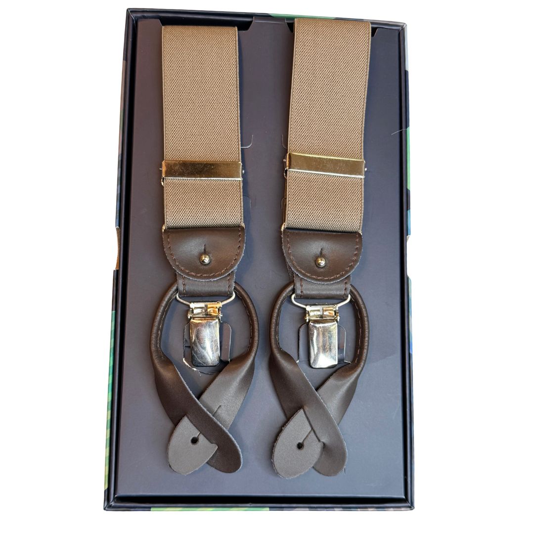 Bretelle da uomo monocolore con clips e bottoni con inserti in pelle liscia