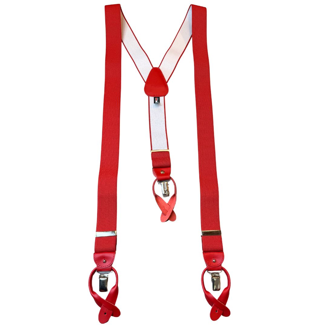 Bretelle da uomo monocolore con clips e bottoni con inserti in pelle liscia