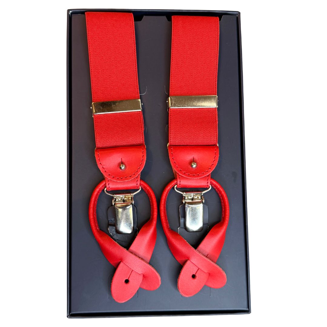 Bretelle da uomo monocolore con clips e bottoni con inserti in pelle liscia