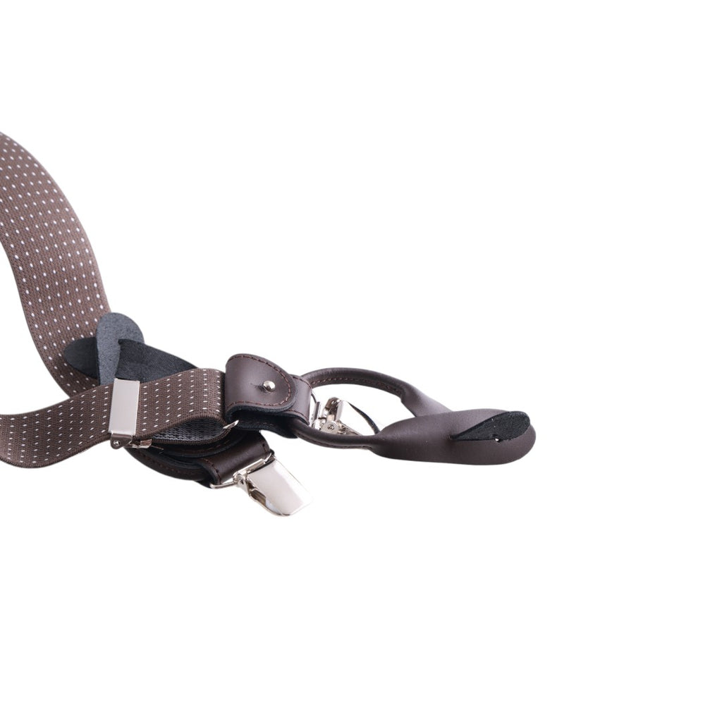Bretelle uomo elasticizzate puntinate con clip in metallo e bottoni in pelle