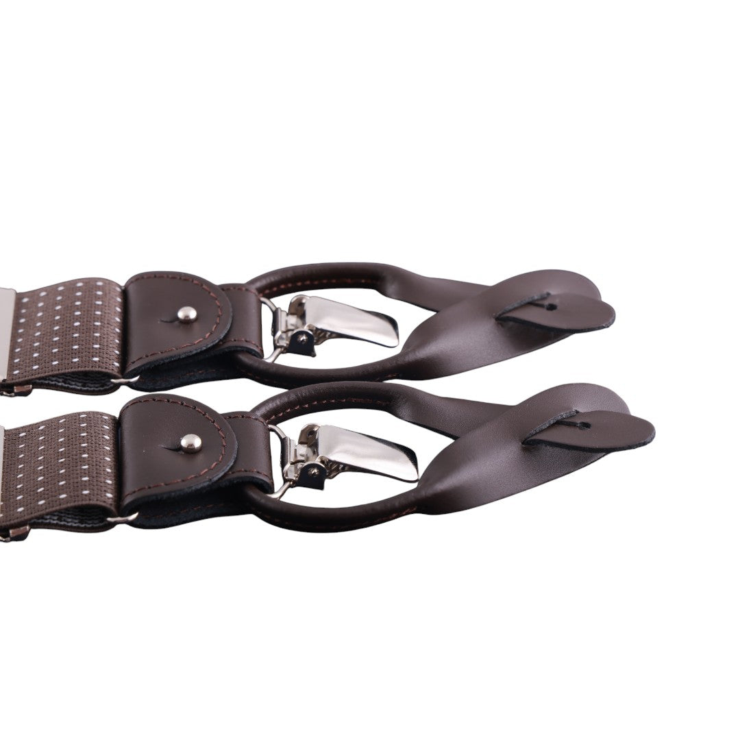 Bretelle uomo elasticizzate puntinate con clip in metallo e bottoni in pelle