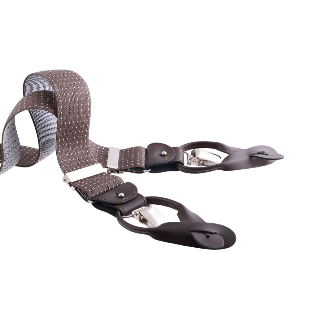 Bretelle uomo elasticizzate puntinate con clip in metallo e bottoni in pelle