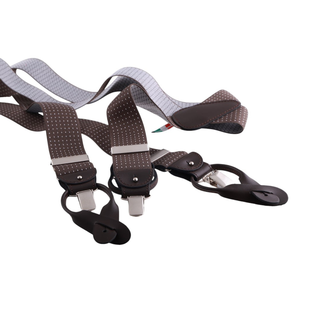 Bretelle uomo elasticizzate puntinate con clip in metallo e bottoni in pelle