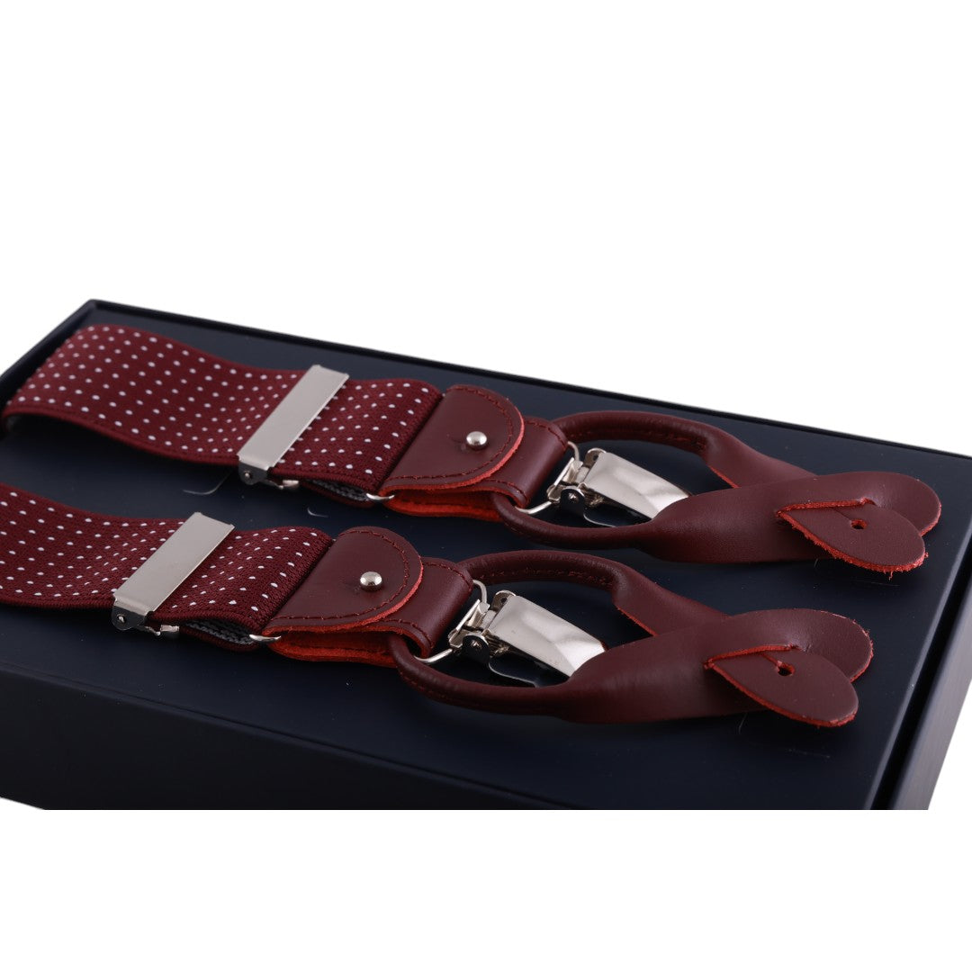 Bretelle uomo elasticizzate puntinate con clip in metallo e bottoni in pelle