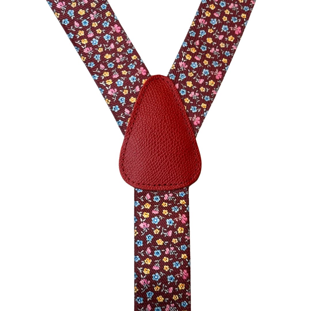 Bretelle da uomo fantasia fiorellini con clips e bottoni, applicazioni in pelle