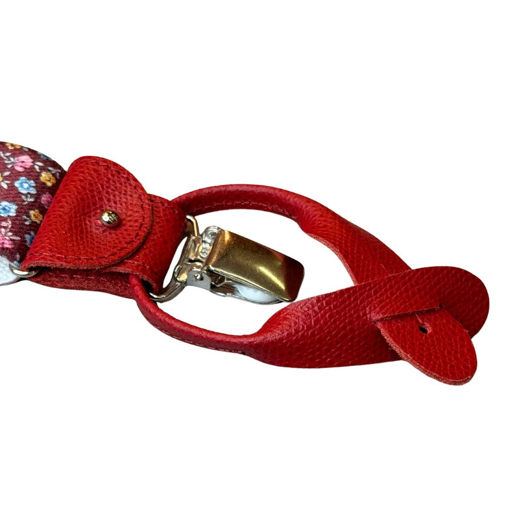 Bretelle da uomo fantasia fiorellini con clips e bottoni, applicazioni in pelle