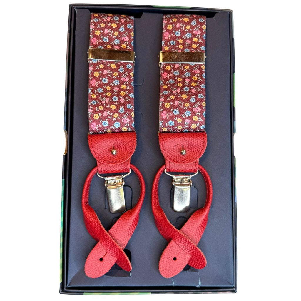 Bretelle da uomo fantasia fiorellini con clips e bottoni, applicazioni in pelle