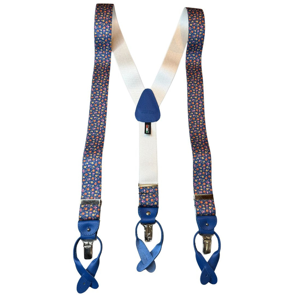 Bretelle da uomo fantasia fiorellini con clips e bottoni, applicazioni in pelle