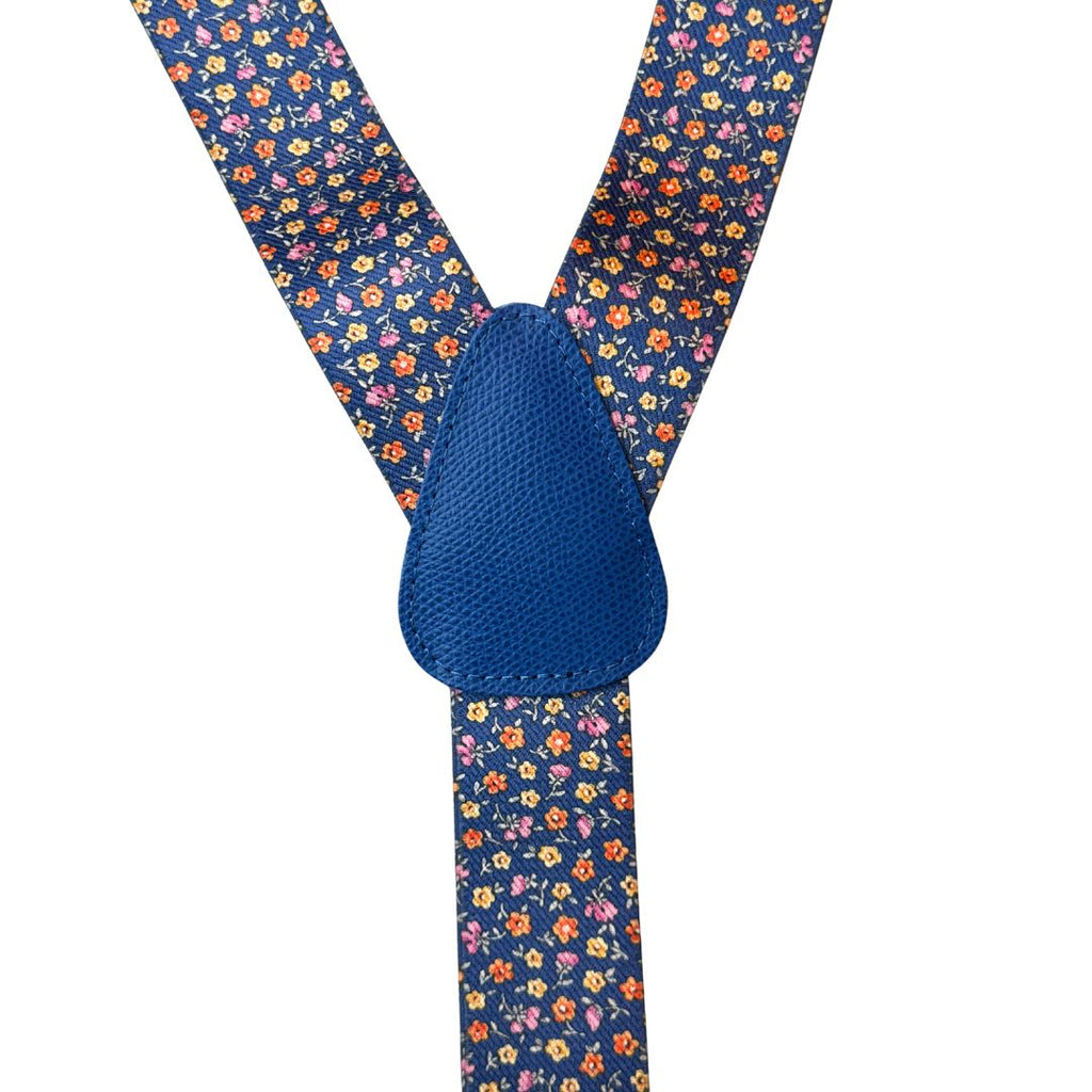 Bretelle da uomo fantasia fiorellini con clips e bottoni, applicazioni in pelle