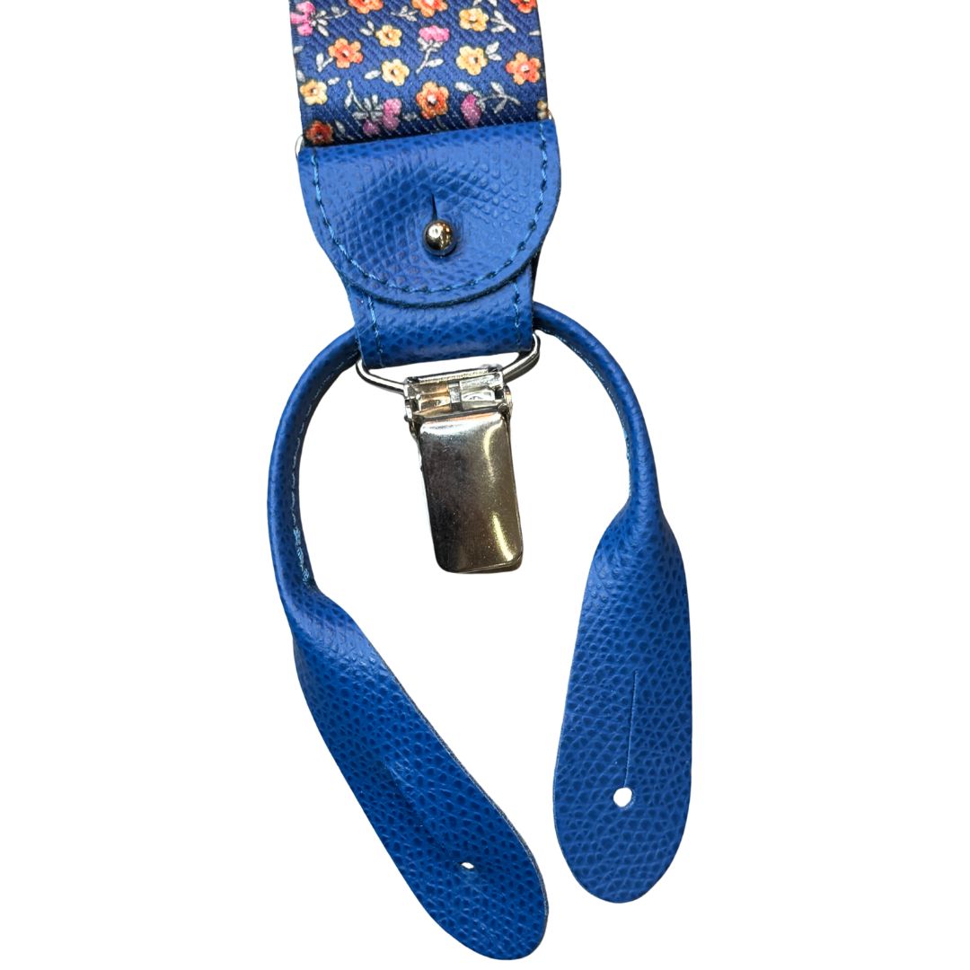 Bretelle da uomo fantasia fiorellini con clips e bottoni, applicazioni in pelle