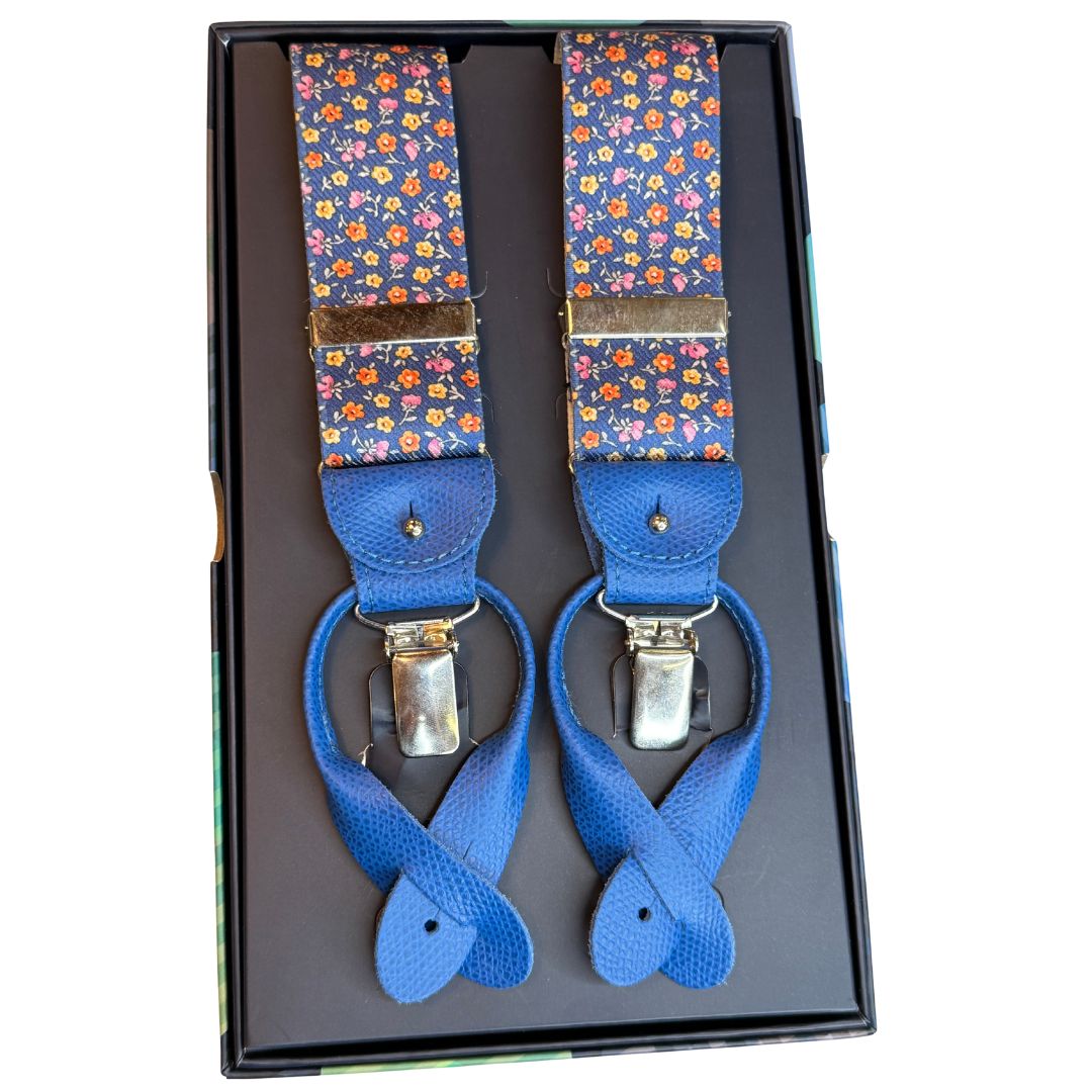 Bretelle da uomo fantasia fiorellini con clips e bottoni, applicazioni in pelle