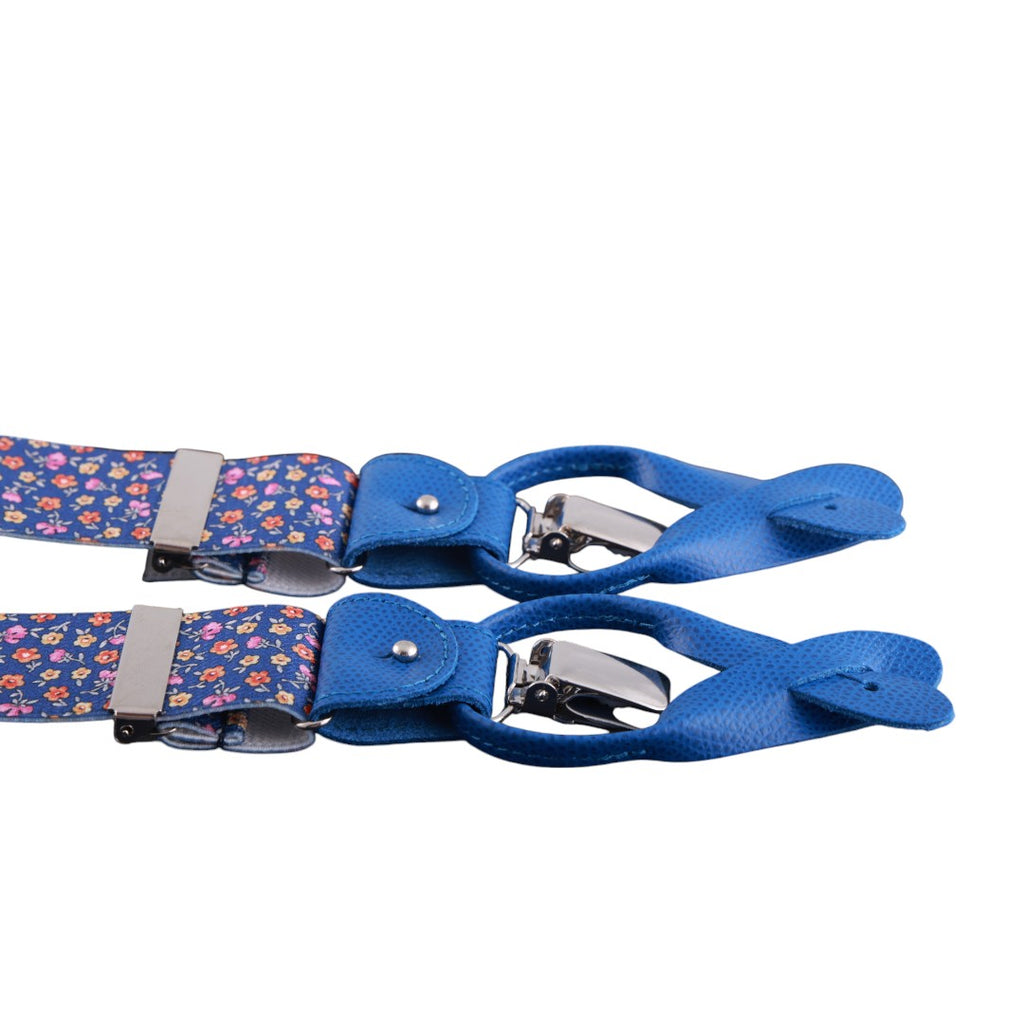 Bretelle da uomo fantasia fiorellini con clips e bottoni, applicazioni in pelle
