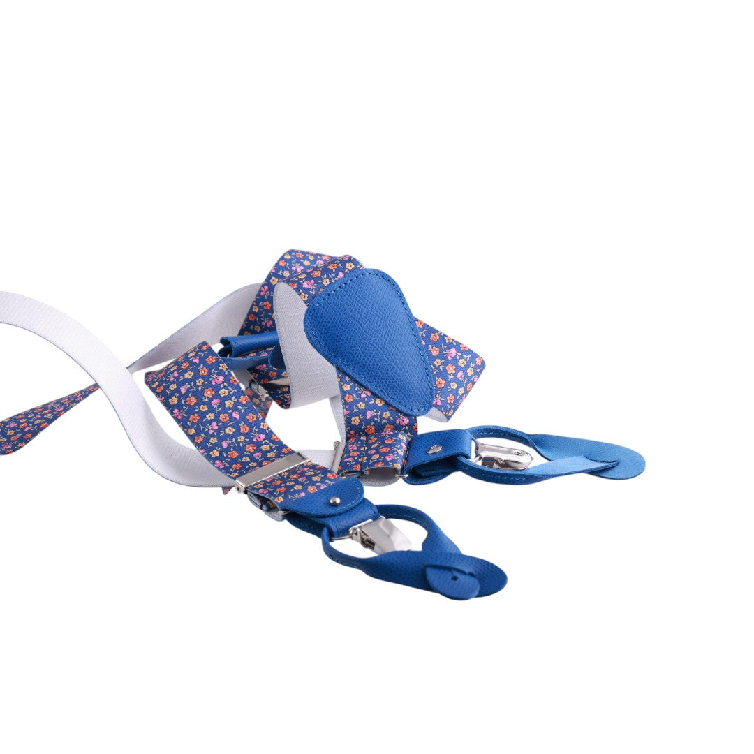 Bretelle da uomo fantasia fiorellini con clips e bottoni, applicazioni in pelle