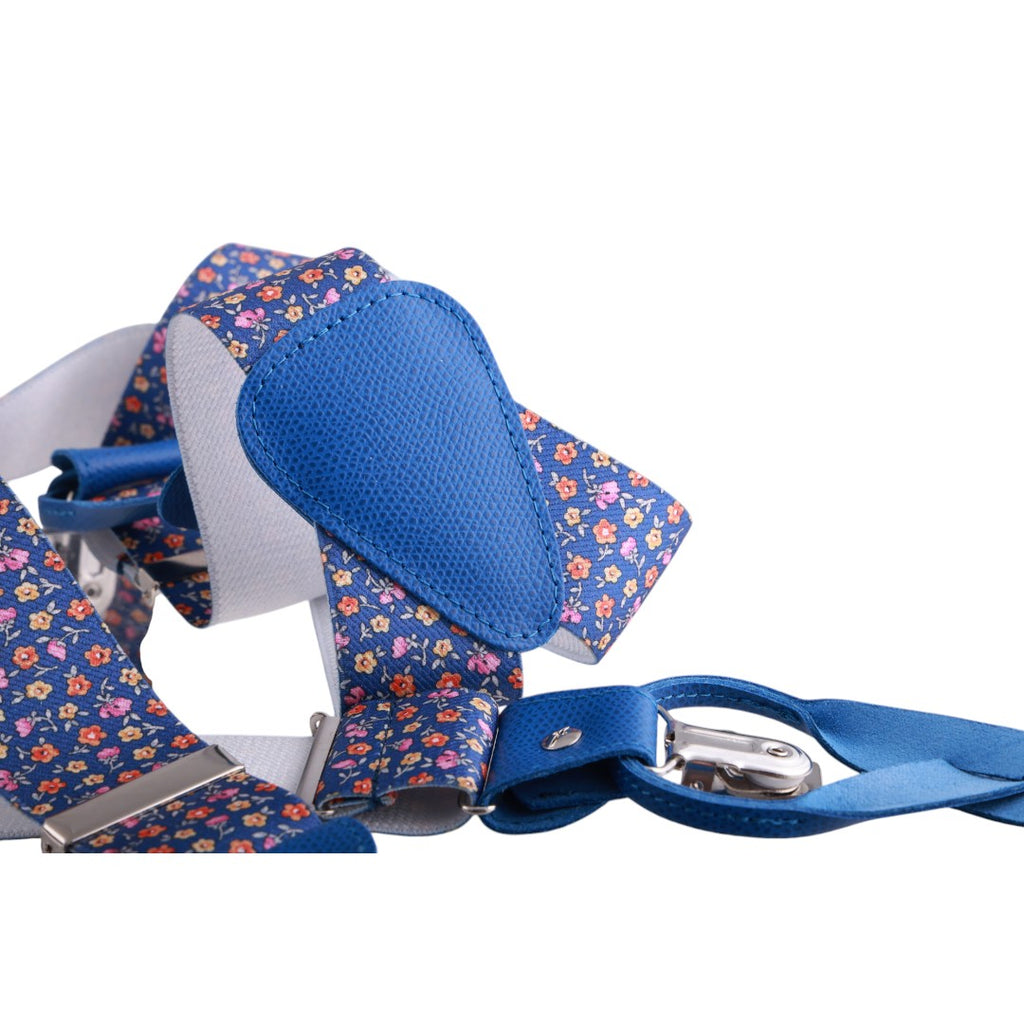 Bretelle da uomo fantasia fiorellini con clips e bottoni, applicazioni in pelle