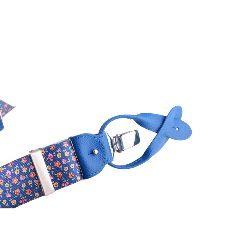 Bretelle da uomo fantasia fiorellini con clips e bottoni, applicazioni in pelle