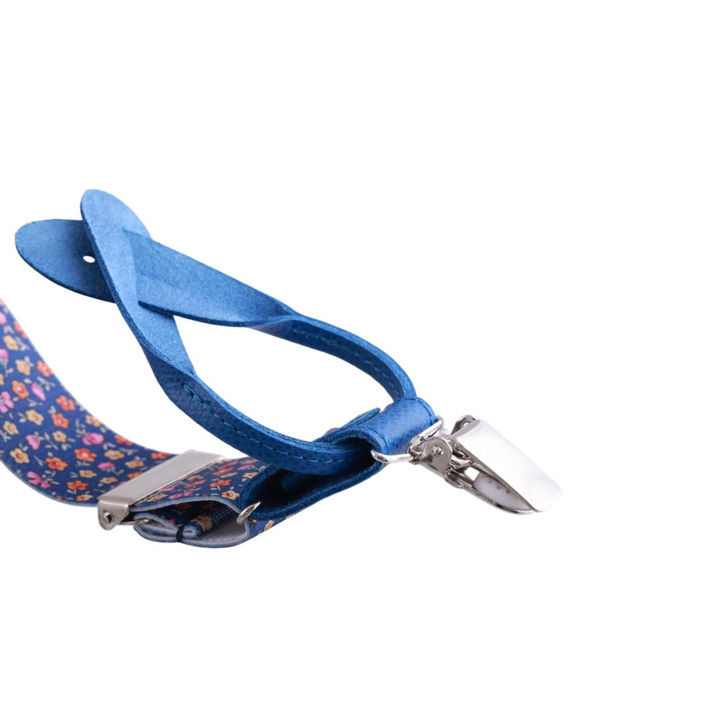 Bretelle da uomo fantasia fiorellini con clips e bottoni, applicazioni in pelle