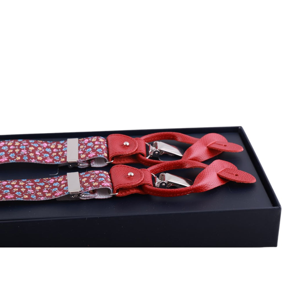 Bretelle da uomo fantasia fiorellini con clips e bottoni, applicazioni in pelle