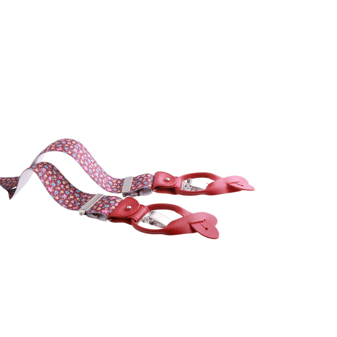 Bretelle da uomo fantasia fiorellini con clips e bottoni, applicazioni in pelle