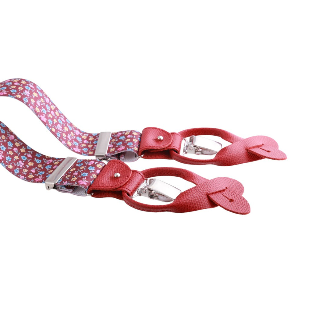 Bretelle da uomo fantasia fiorellini con clips e bottoni, applicazioni in pelle