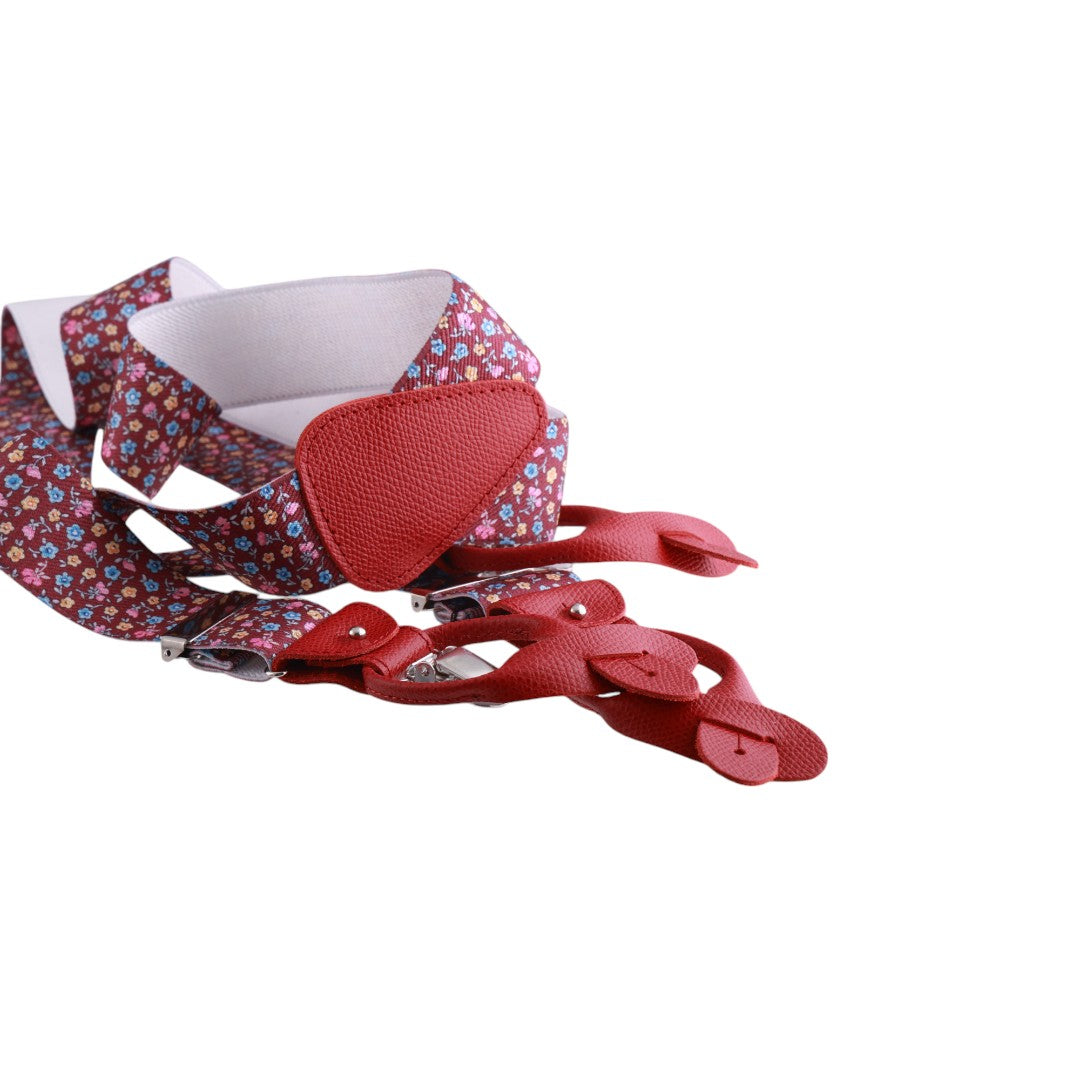 Bretelle da uomo fantasia fiorellini con clips e bottoni, applicazioni in pelle