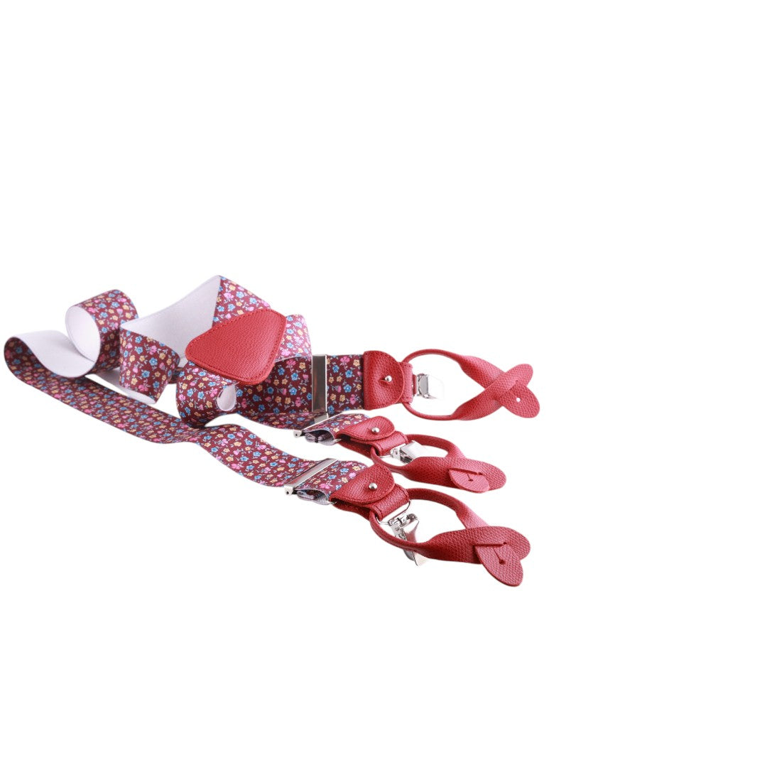 Bretelle da uomo fantasia fiorellini con clips e bottoni, applicazioni in pelle