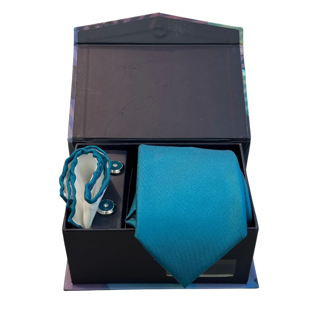 Box regalo uomo con cravatta, gemelli e pochette in pura seta lavorata 100%