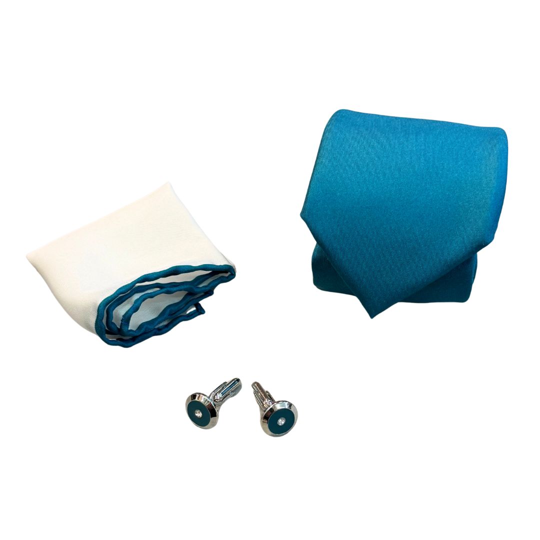 Box regalo uomo con cravatta, gemelli e pochette in pura seta lavorata 100%