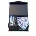 Box regalo uomo con cravatta, gemelli e pochette in pura seta fantasia floreale