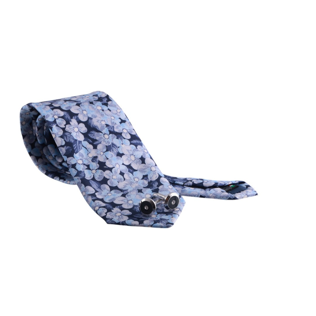 Box regalo uomo con cravatta, gemelli e pochette in pura seta fantasia floreale