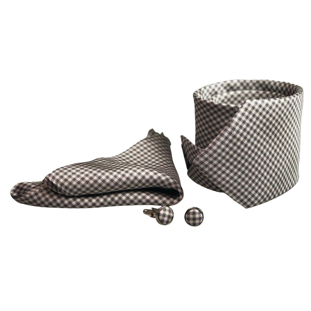 Box cravatta pochette gemelli quadretti grigi