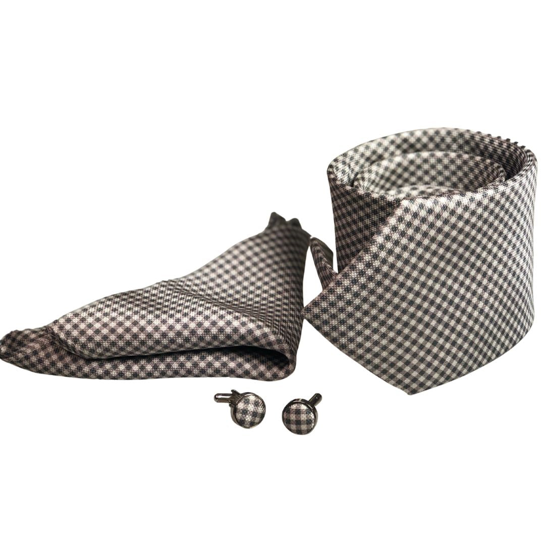 Box cravatta pochette gemelli quadretti grigi