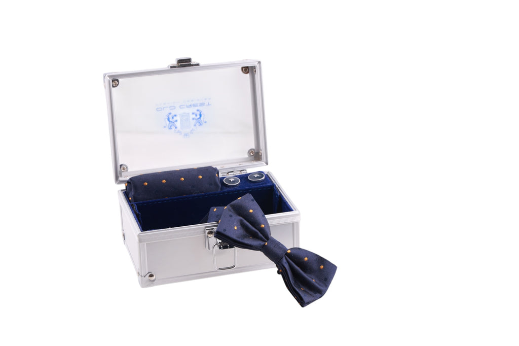 Box regalo con papillon, pochette e gemelli fantasia pois in seta Made in Italy