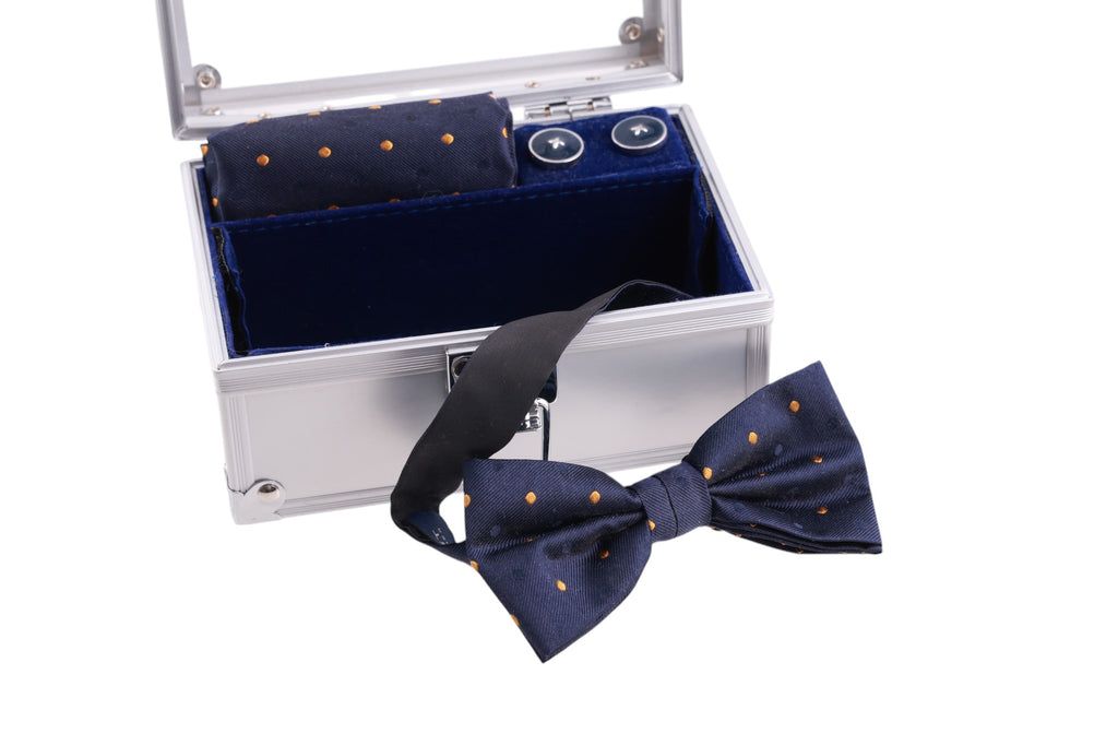 Box regalo con papillon, pochette e gemelli fantasia pois in seta Made in Italy