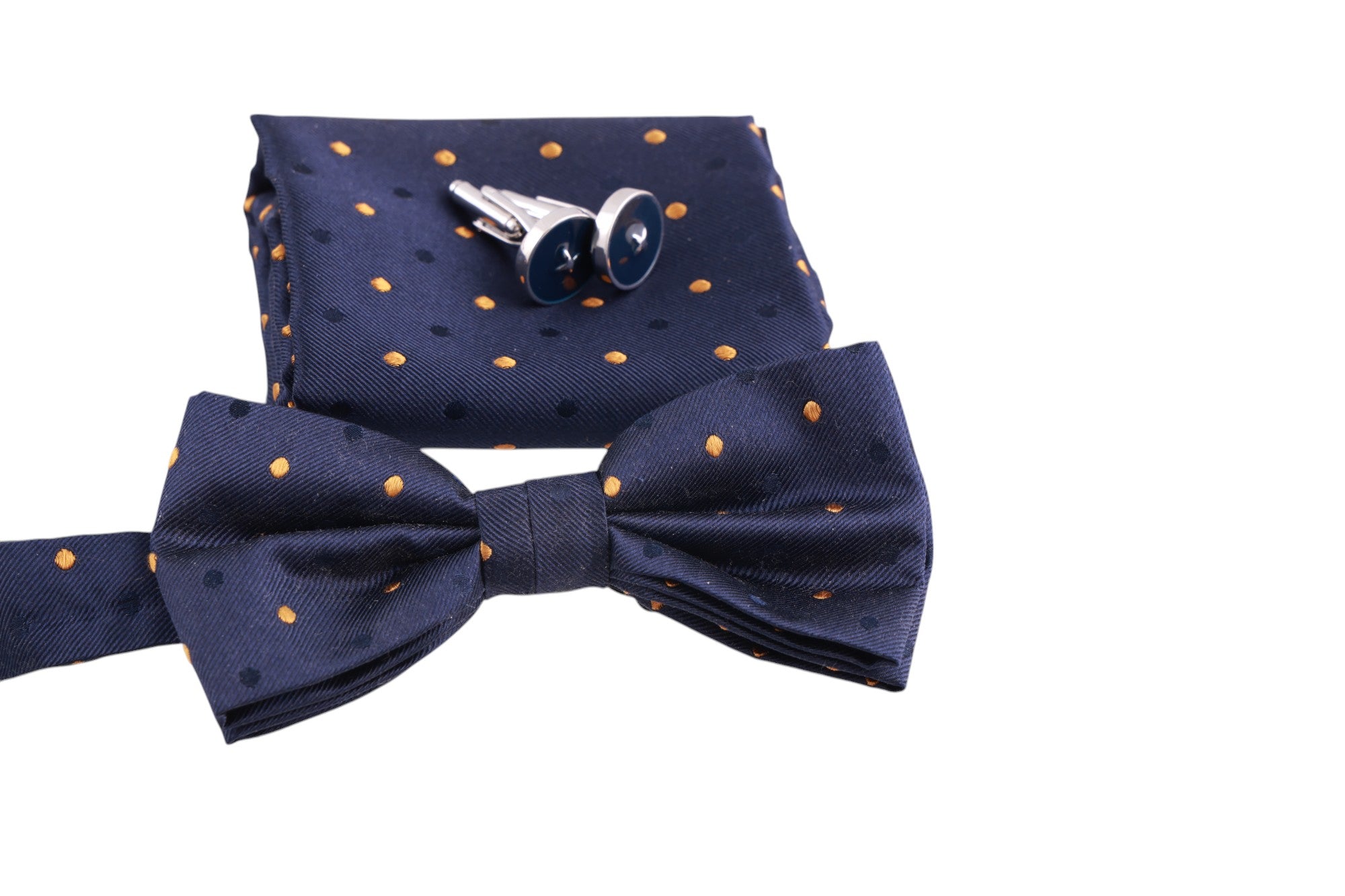 Box regalo con papillon, pochette e gemelli fantasia pois in seta Made in Italy