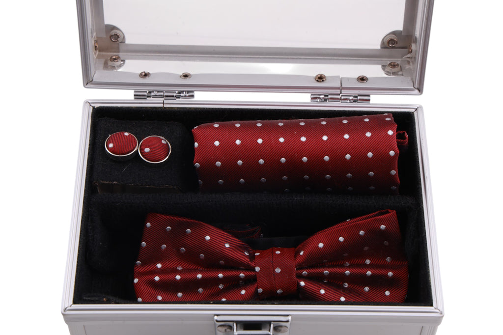 Box regalo papillon, pochette e gemelli coordinati in seta a pois, Made in Italy