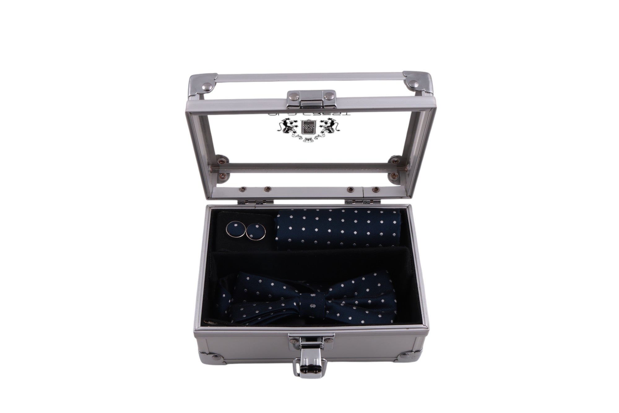 Box regalo papillon, pochette e gemelli coordinati in seta a pois, Made in Italy