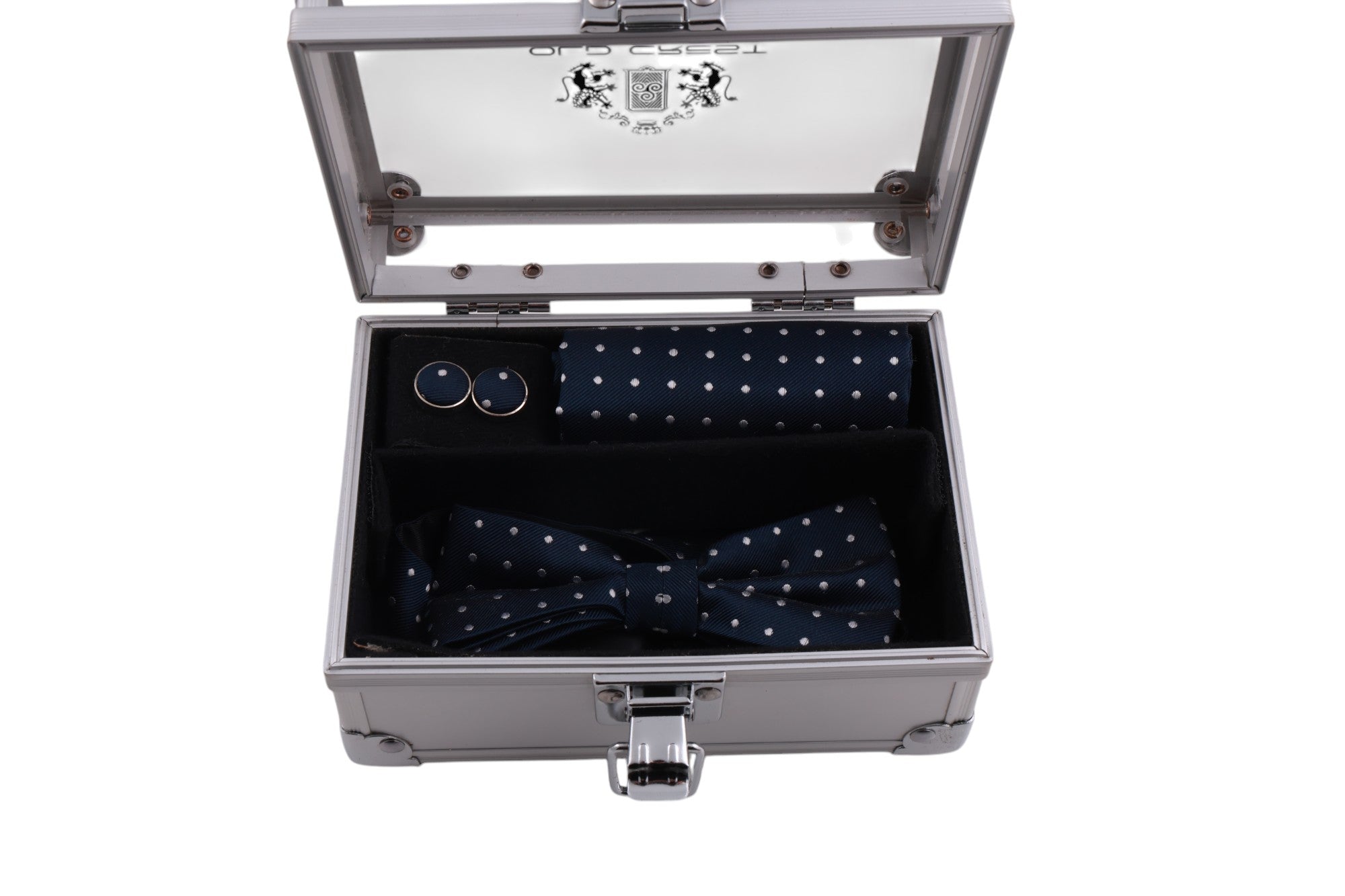 Box regalo papillon, pochette e gemelli coordinati in seta a pois, Made in Italy