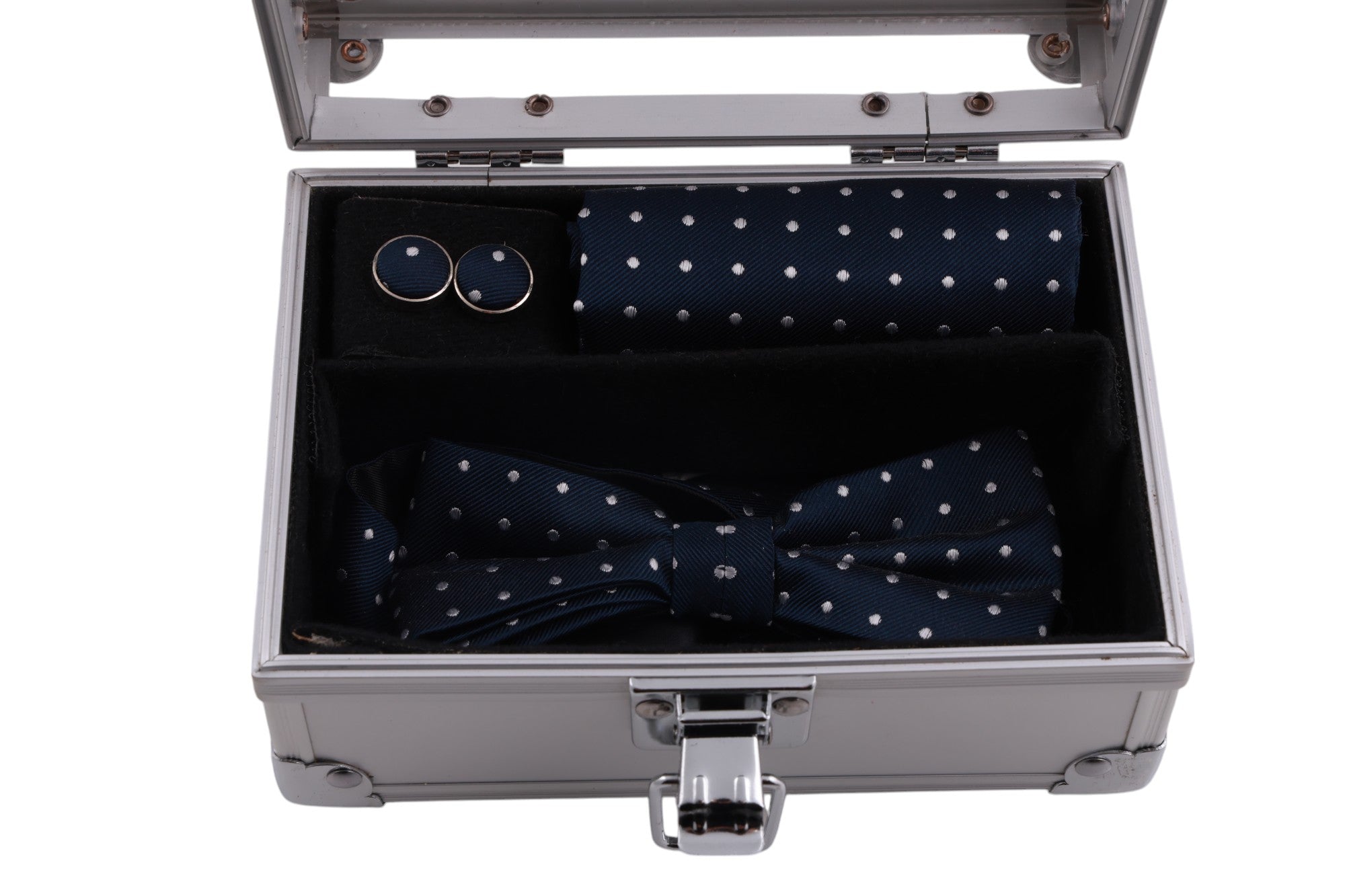 Box regalo papillon, pochette e gemelli coordinati in seta a pois, Made in Italy