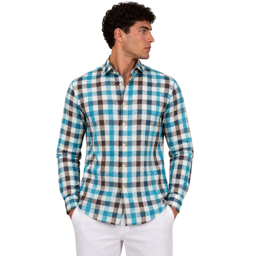 Camicia uomo classica in lino a quadri