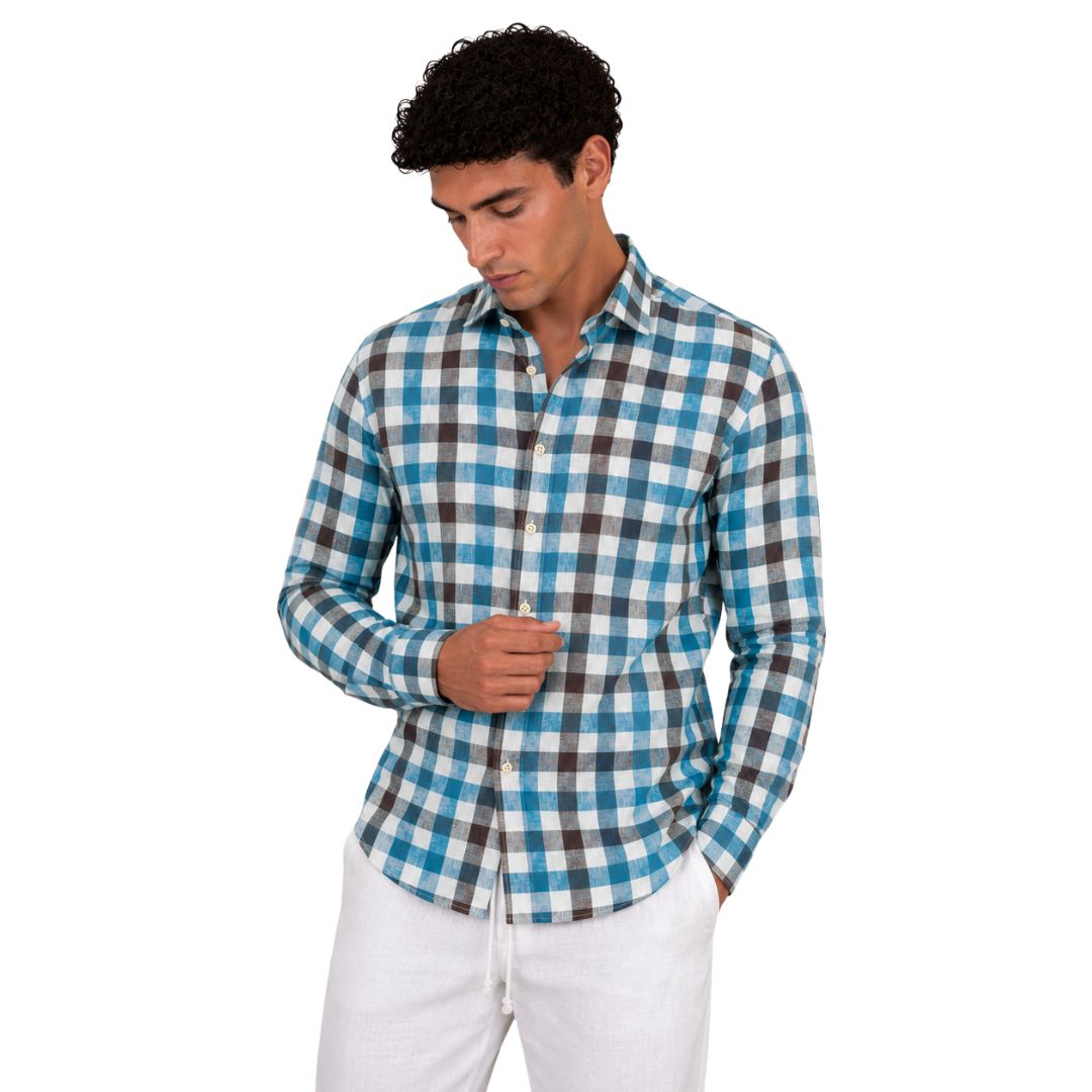 Camicia uomo classica in lino a quadri