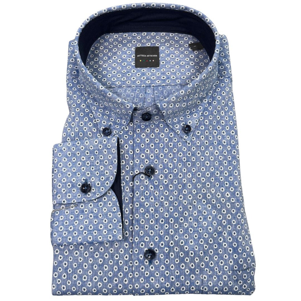 Camicia uomo button down misto lino fantasia pallini