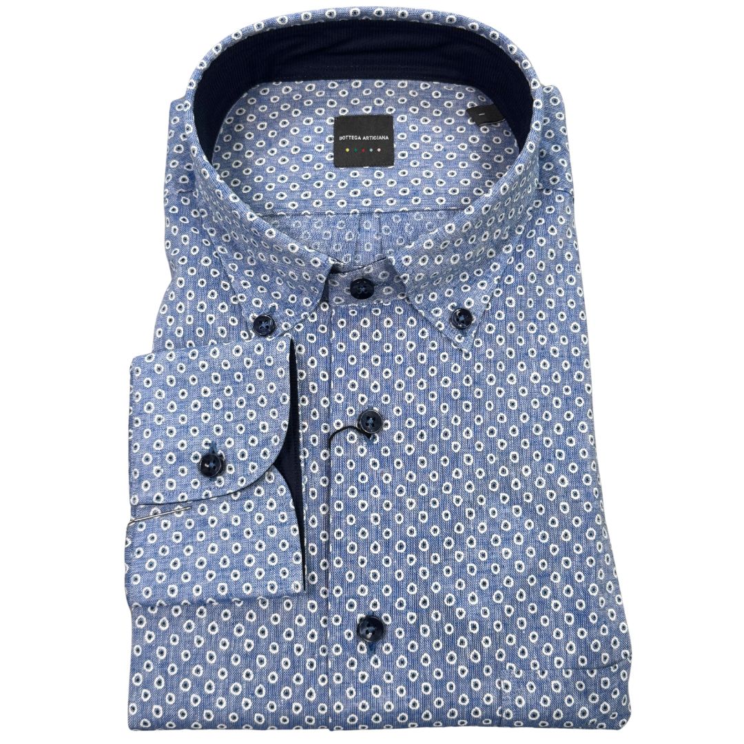 Camicia uomo button down misto lino fantasia pallini