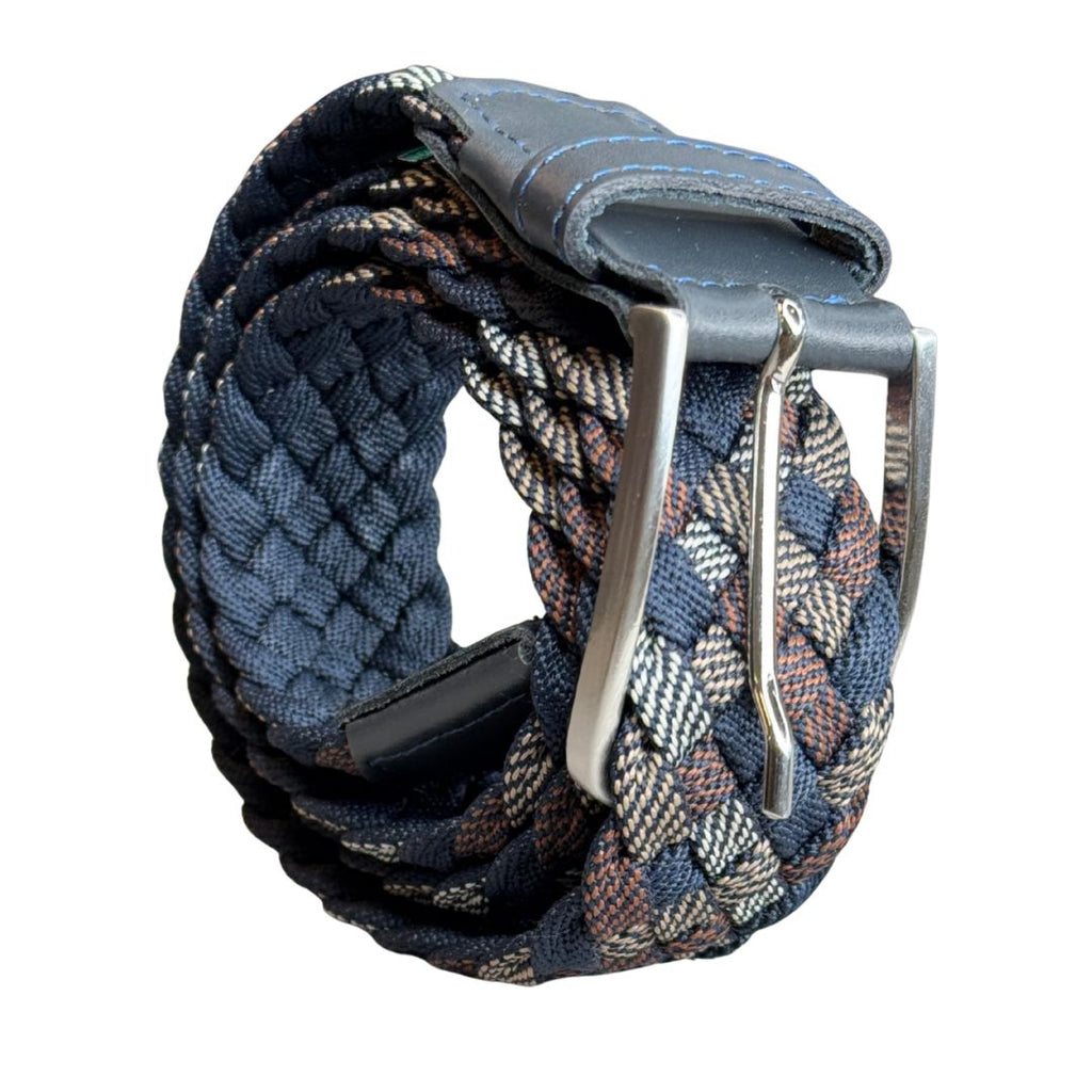 Cintura uomo multicolore intrecciata in tessuto elastan con fibbia in acciaio