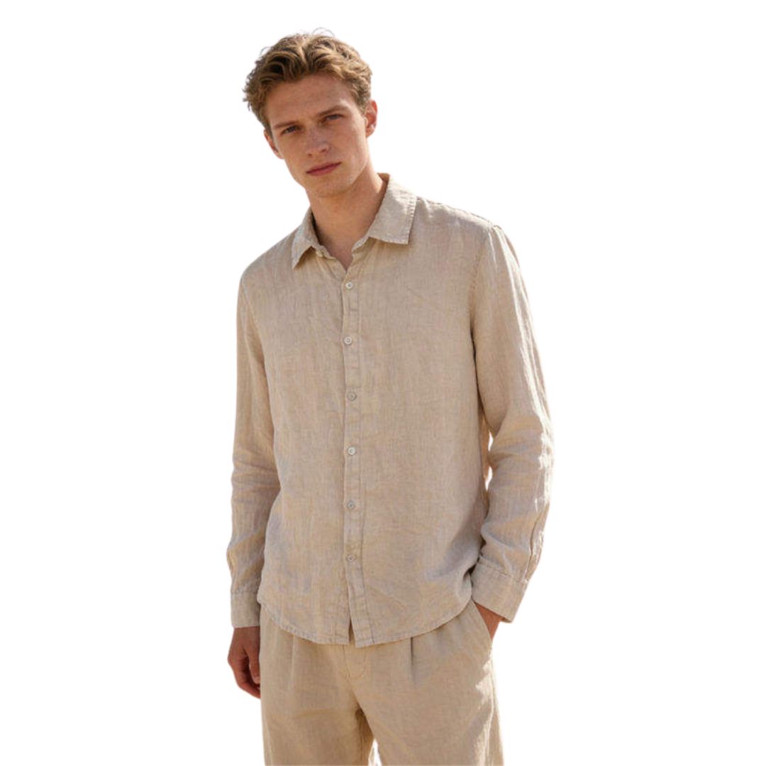 Camicia uomo classica in 100% lino manica lunga, collo 1/2 francese tinta unita