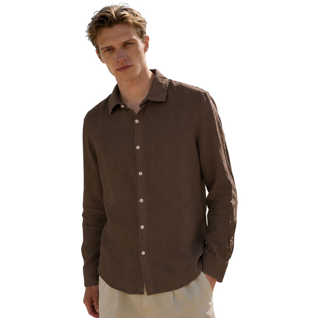 Camicia uomo classica in 100% lino manica lunga, collo 1/2 francese tinta unita