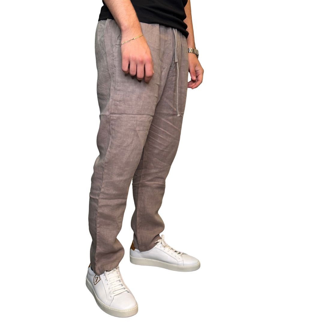 Pantaloni uomo 100% lino tinta unita, vita elasticizzata Made in Italy